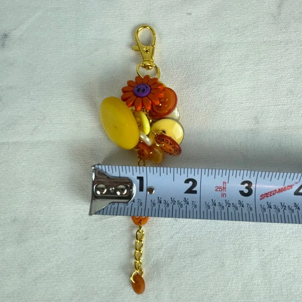 Colorful Button Bag Charm Smiley Flower Keychain Gold Tone Accessory Yellow Red